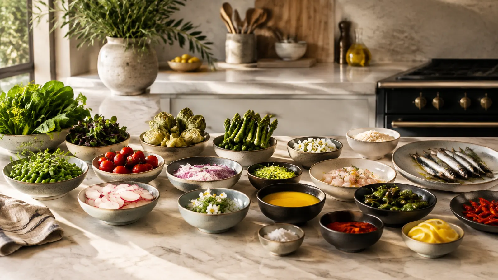 Ingredientes frescos separados y ordenados para preparar un menú adaptado