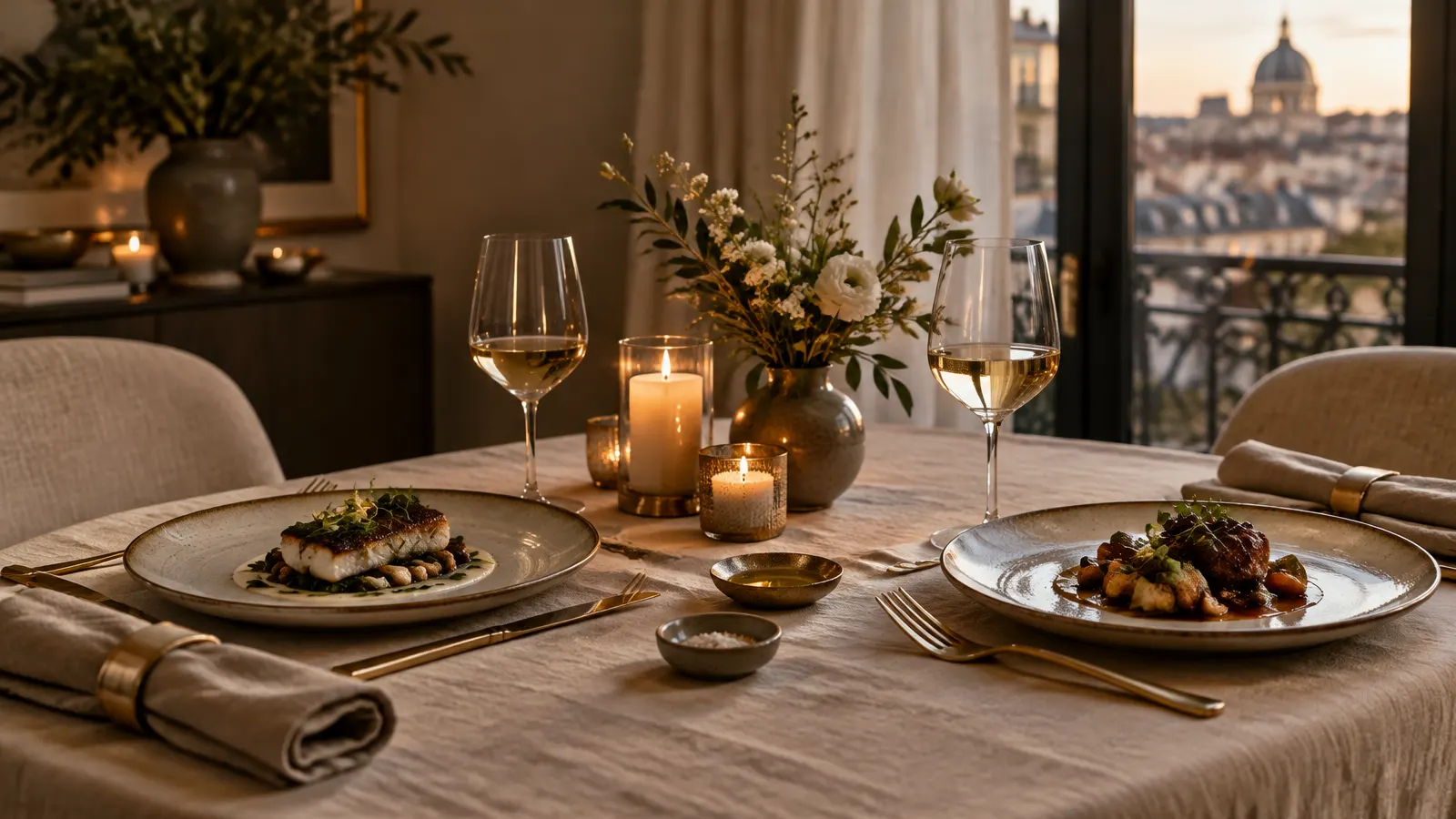 Mesa elegante para dos preparada para una cena de aniversario en casa