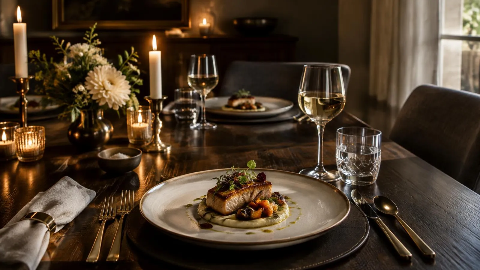 Mesa de comedor a la luz de las velas con un plato de pescado emplatado, copas de vino blanco y flores