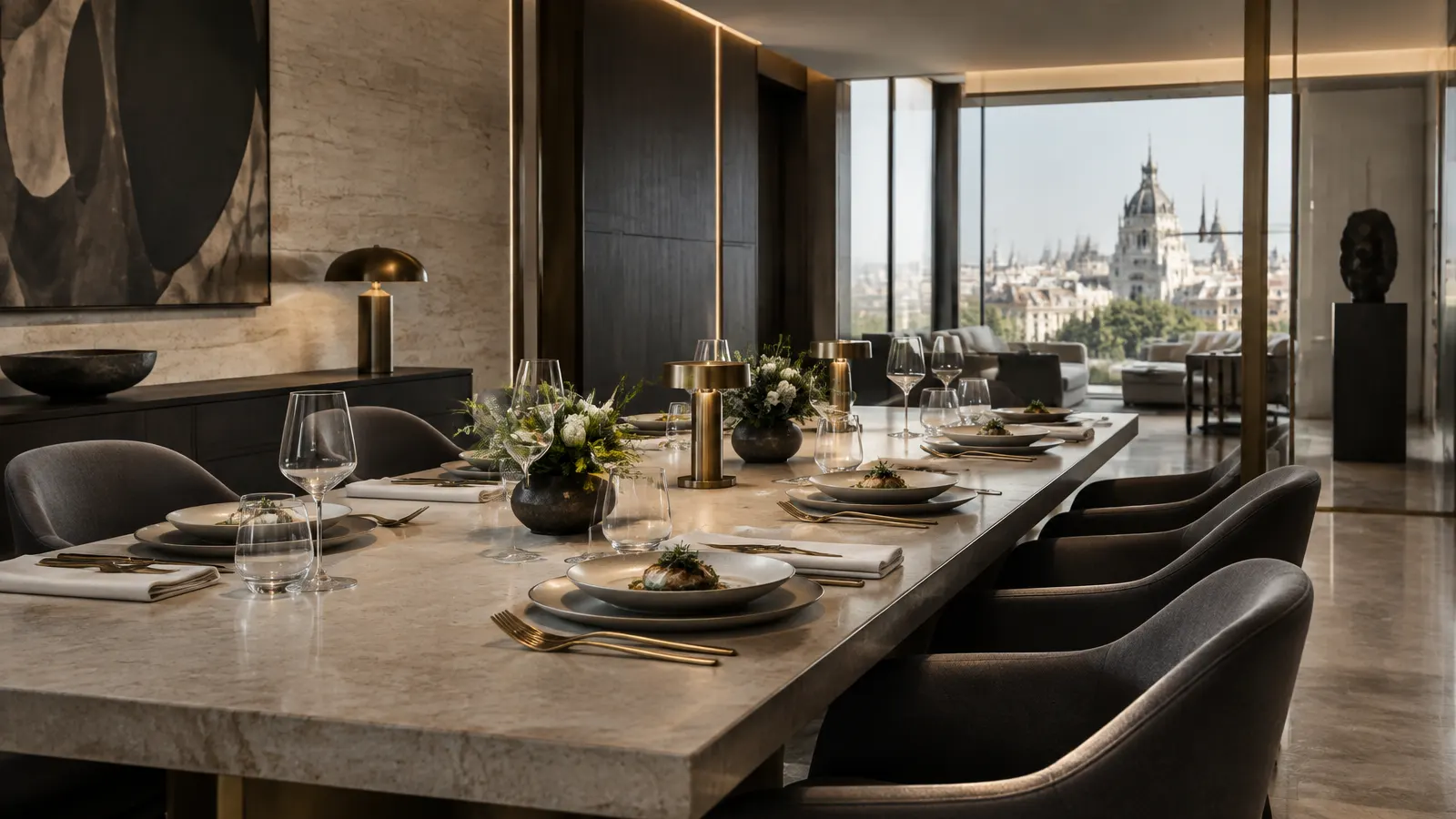 Comedor contemporáneo preparado para un evento de empresa privado en Madrid