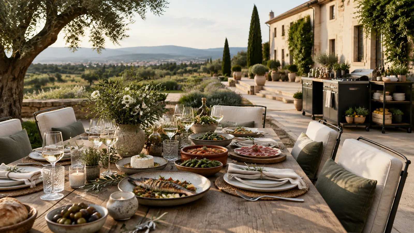 Mesa exterior preparada junto a una finca con una cocina de apoyo móvil