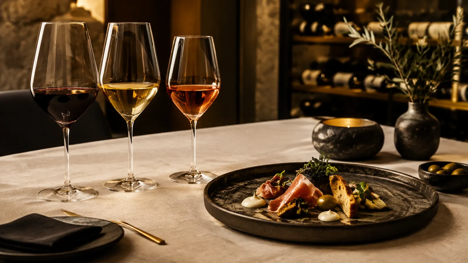 Tres copas de vino junto a un plato de cocina española contemporánea