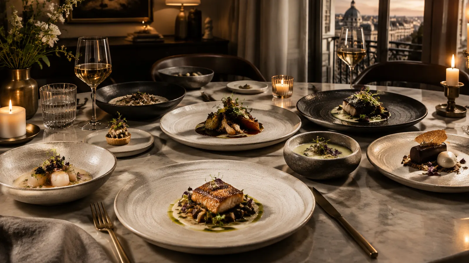 Mesa privada con varios pases de un menú degustación servidos en cerámica artesanal