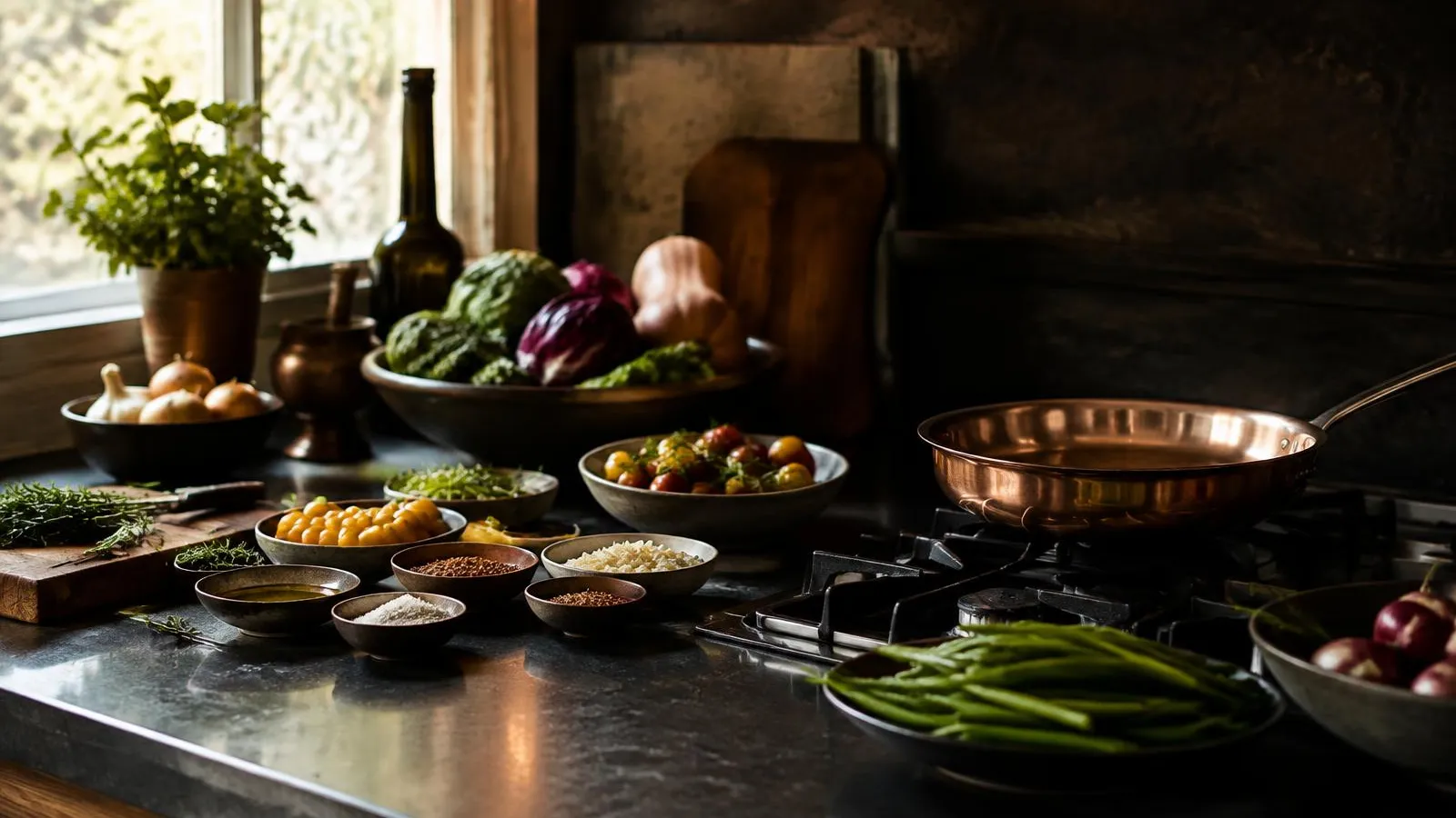 Encimera de cocina oscura con ingredientes preparados en cuencos, verduras de temporada y una sartén de cobre